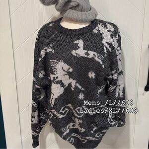 Vintage jacquard Pegasus sweater, bold/90s /maximalist/ cozy unisex (XL)